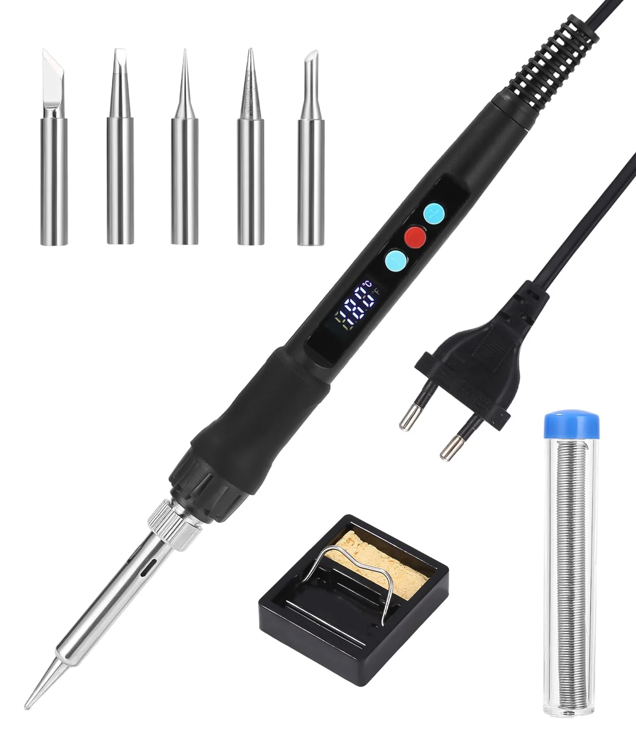 Zawaer Soldering Iron Set, 100 W LED Soldering Iron with Adjustable and Locking Temperatures 180 °C - 500 °C, with On/Off, 10 g Soldering Wire, 5 Soldering Tips, Soldering Iron Stand, Soldering Set Black