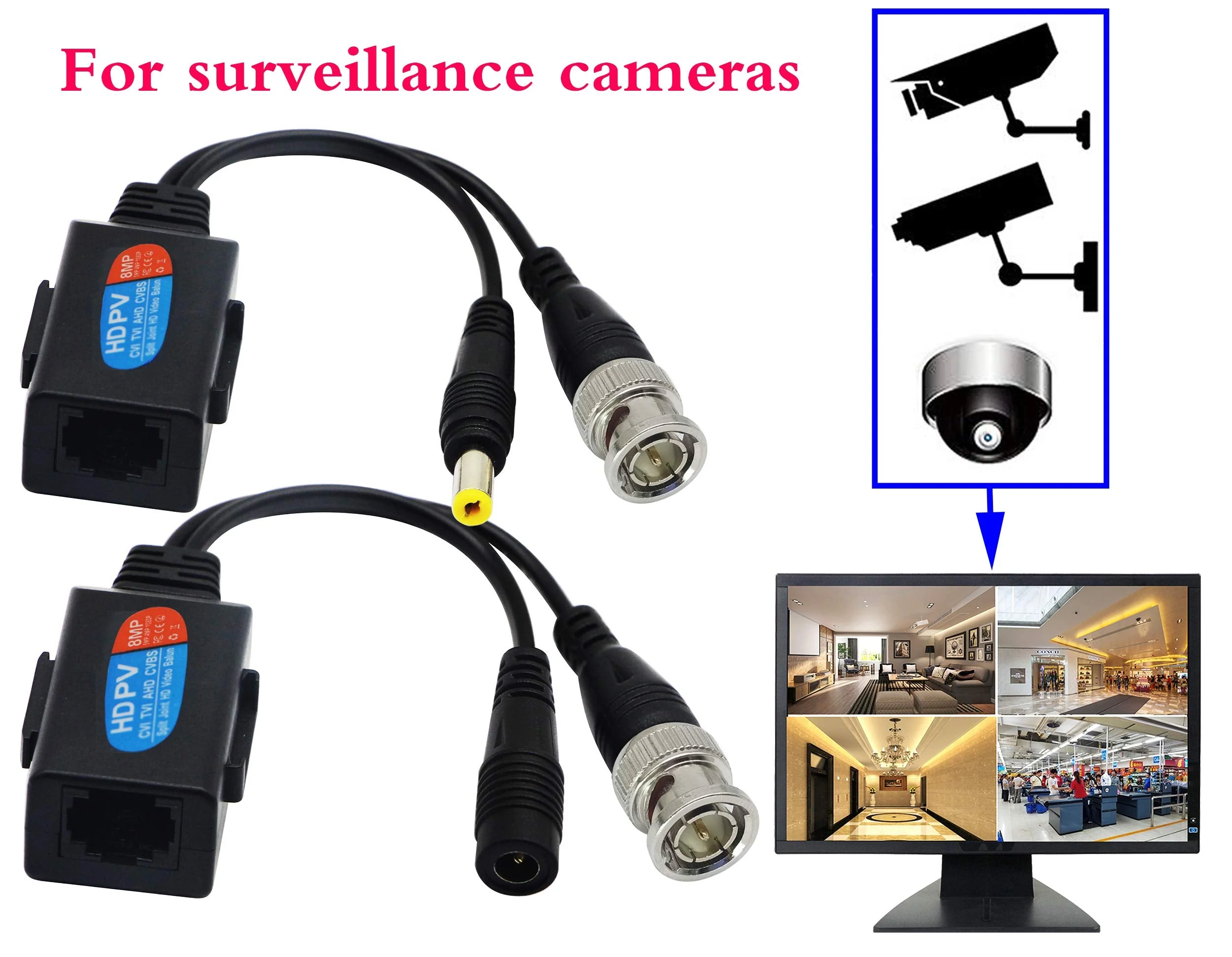 zdyCGTime Balun HD Cat5 RJ45 to BNC Video Baluns transceiver Passive with Power Connector for 720P 1080P 3MP 4MP 5MP 8MP HD-CVI/TVI/AHD/CVBS/960H Camera(2 Pairs) - Image 6