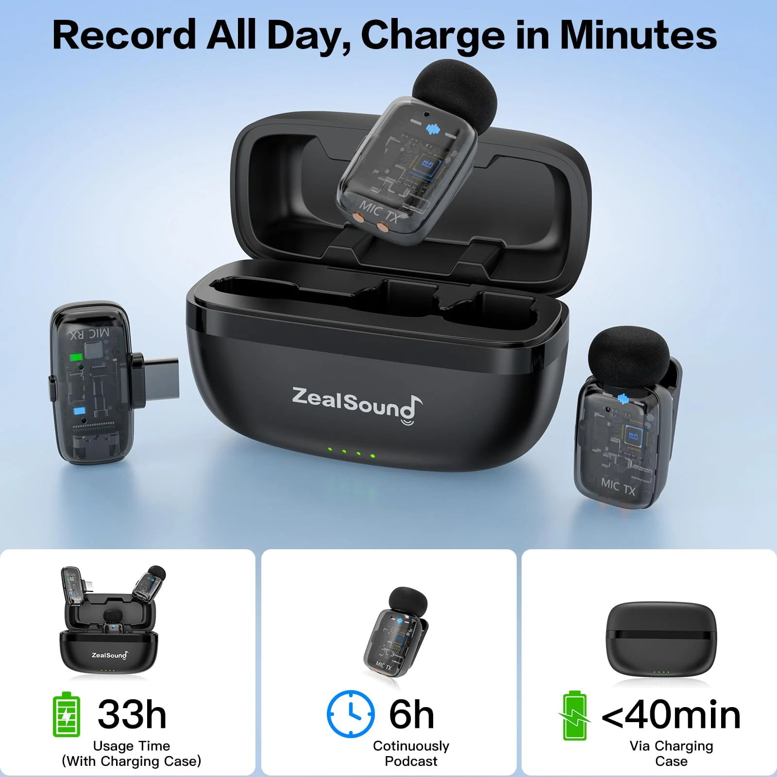 ZealSound TikTok Microphone,Wireless Lavalier Mic for iPhone,iPad,Android(USB-C/Lightning),Mini Mic with Charging Case,Dual Transmitters,Noise Reduction,33H Battery for Vlogging,Podcast,YouTube Video iPhone+USB C - Image 7