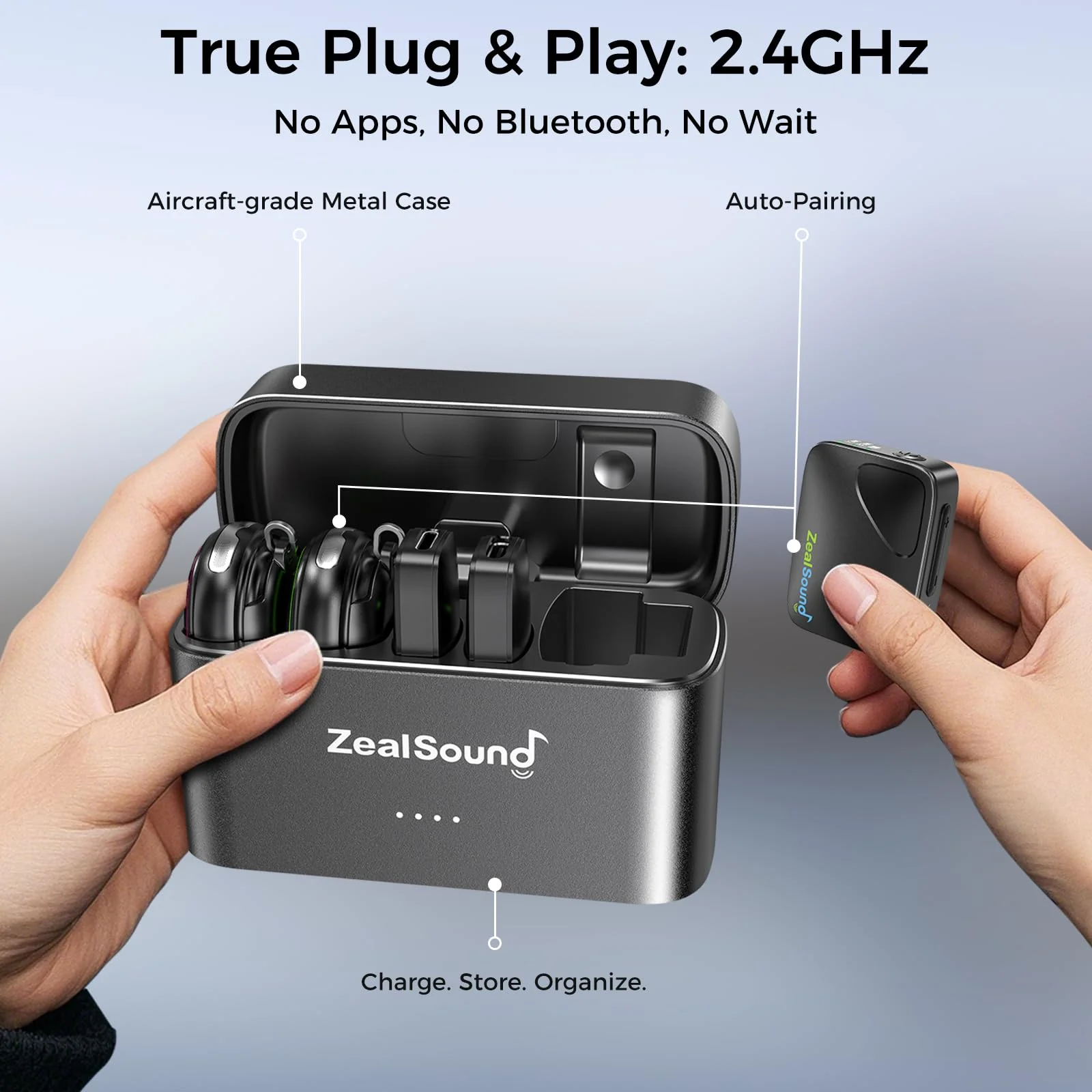 ZealSound Wireless Lavalier Microphone for iPhone, iPad, Android, Camera, PC – Pro 2.4GHz Mic with Noise Reduction, 40H Battery, 1000ft Range, Charging Case & Magnetic Clip – for Video, Podcast, Vlog iPhone+Android+Camera - Image 4