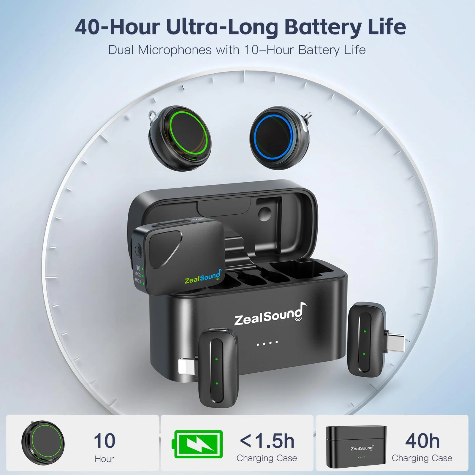 ZealSound Wireless Lavalier Microphone for iPhone, iPad, Android, Camera, PC – Pro 2.4GHz Mic with Noise Reduction, 40H Battery, 1000ft Range, Charging Case & Magnetic Clip – for Video, Podcast, Vlog iPhone+Android+Camera - Image 7