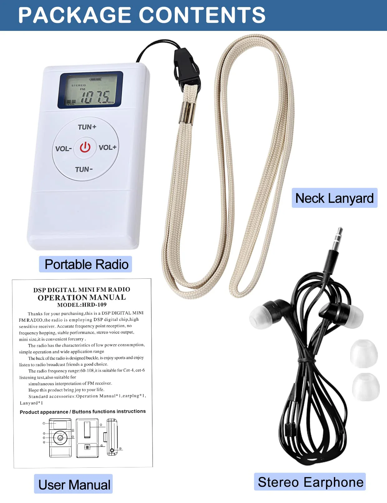 ZHIWHIS Mini Portable FM Radio, Stereo LCD Digital Display Tuning Pocket Walkmen Transistor Conference Receiver with Earphone, Small Pocket Radio Operated by AAA Batteries for Walking/Running - Image 6