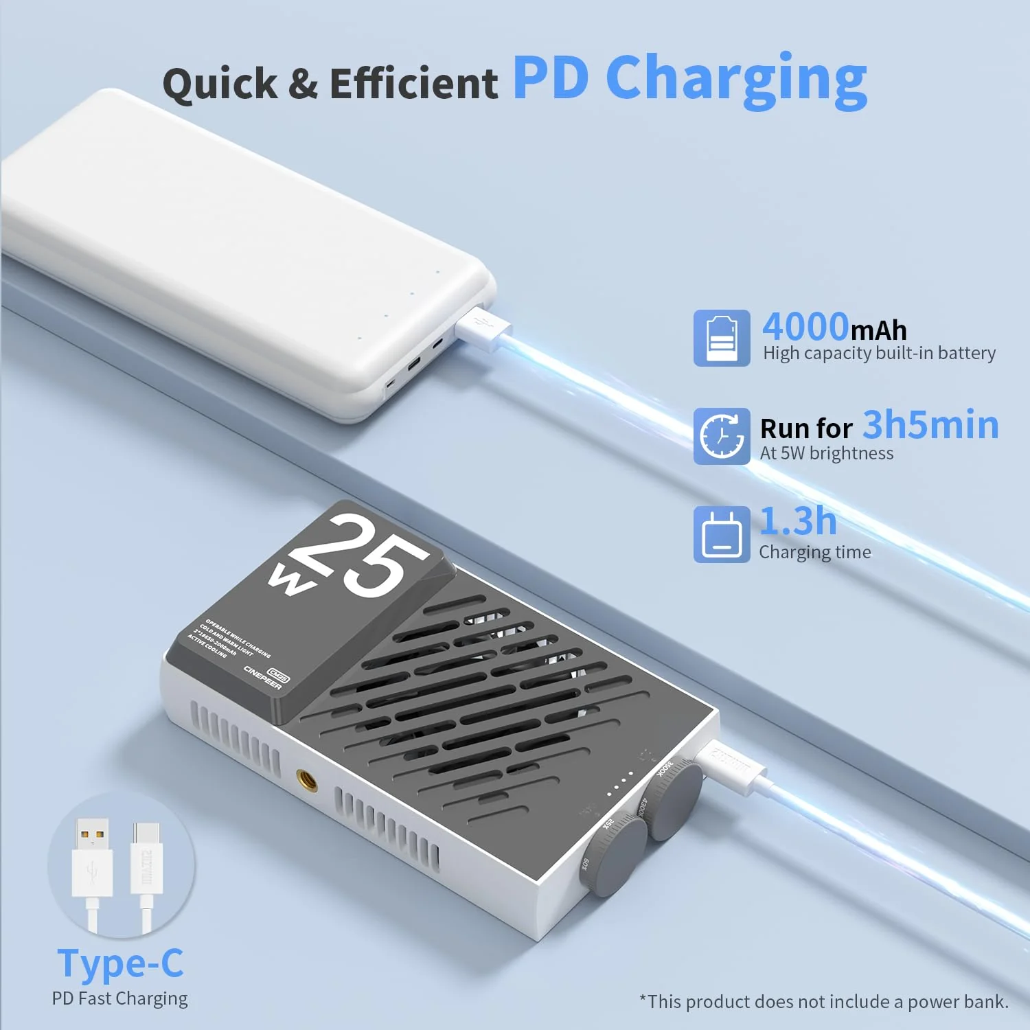 Zhiyun CINEPEER CM25 Video Light, 25W Camera Light, Bi-Color Portable Mini LED Light for Photo and Video Lighting, Built-in Fans Support, PD Fast Charge,14000 Lux@ 2700K-6200K CRI 96+/TLCI 97+ - Image 5