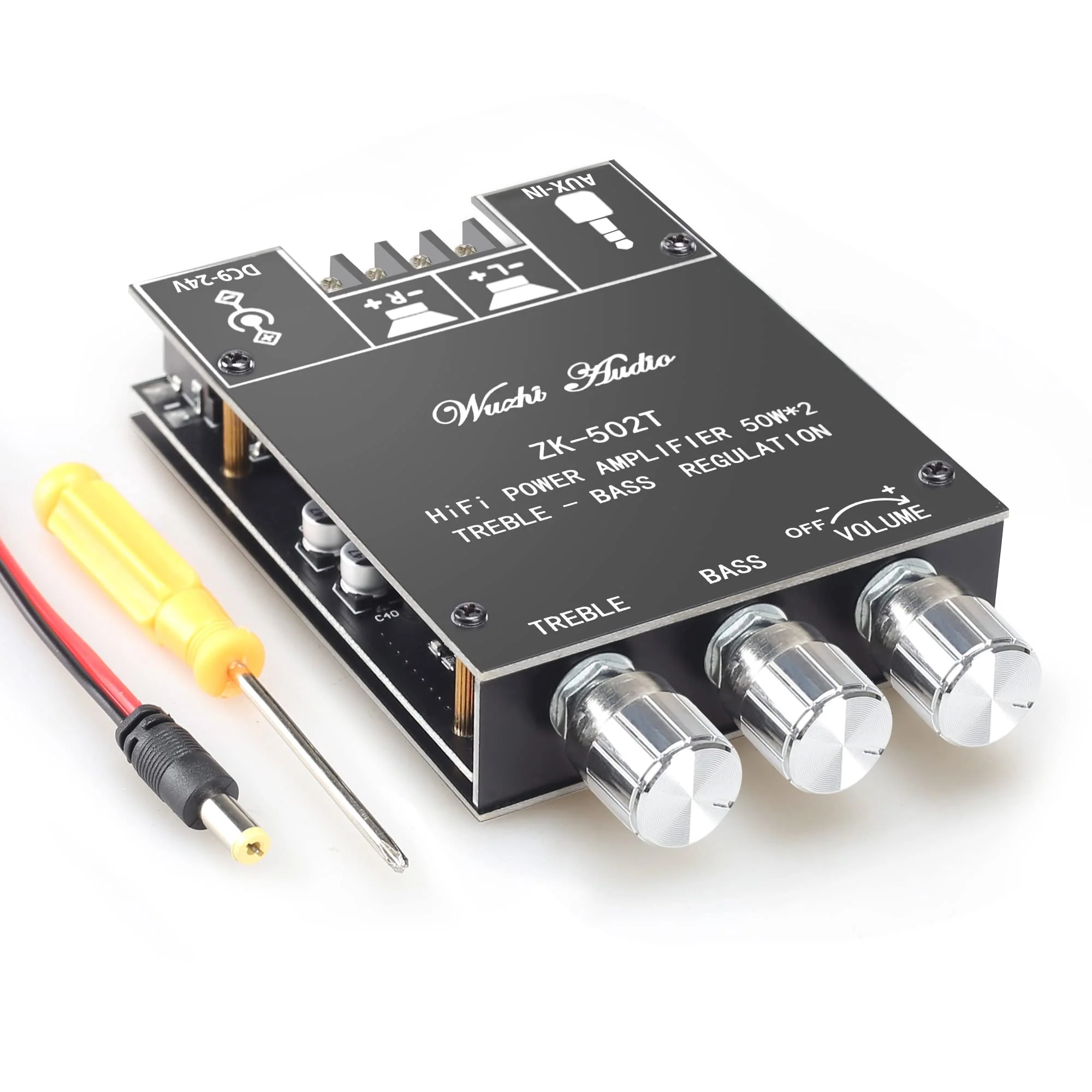 ZK-502T Bluetooth Amplifier Board with Treble and Bass Control, TPA3116D2 50W x 2, DC:9-24V, Bluetooth 5.0 AMP Board for Home Passive Speakers