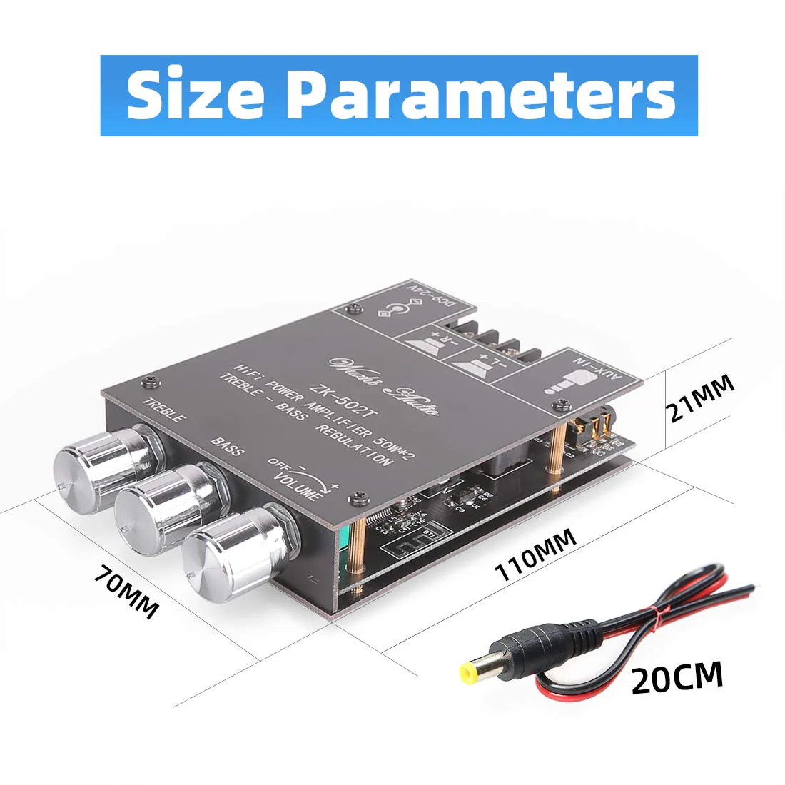 ZK-502T Bluetooth Amplifier Board with Treble and Bass Control, TPA3116D2 50W x 2, DC:9-24V, Bluetooth 5.0 AMP Board for Home Passive Speakers - Image 4