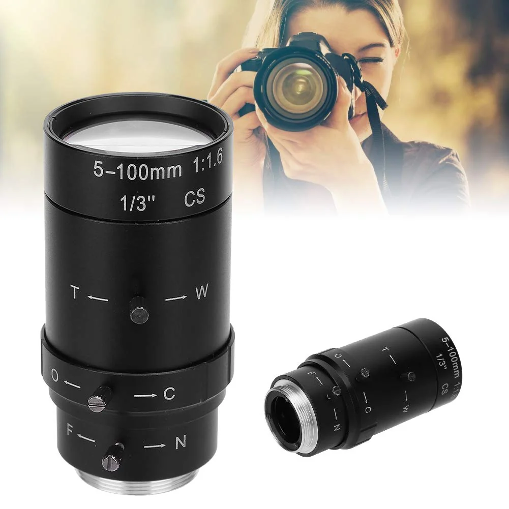 Zoom Camera Lens, 1.3MP Zoom CCTV Lens CS Mount Manual Aperture 5‑100mm Aluminum Alloy Low Distortion High Compatibility HD Lens for Security Camera Default