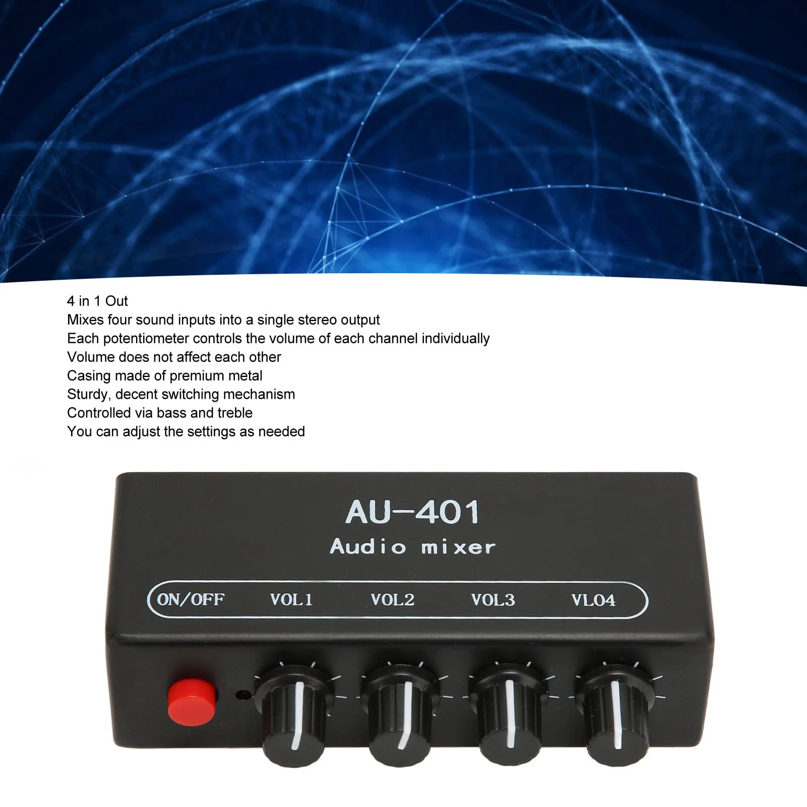 Zopsc 4-Channel Stereo Audio Mixer, 4 In 1 Out, 3.5mm, Black - Image 3