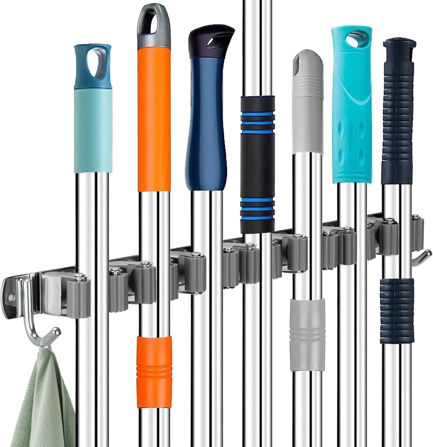 Zosenyer Broom Holder Wall, Stainless Steel Garden Tool Holder with 7 Holders and 2 Hooks, Self-Adhesive Device Holder, Wall Mount for Organiser, Kitchen, Home, Bathroom, Garage, Garden