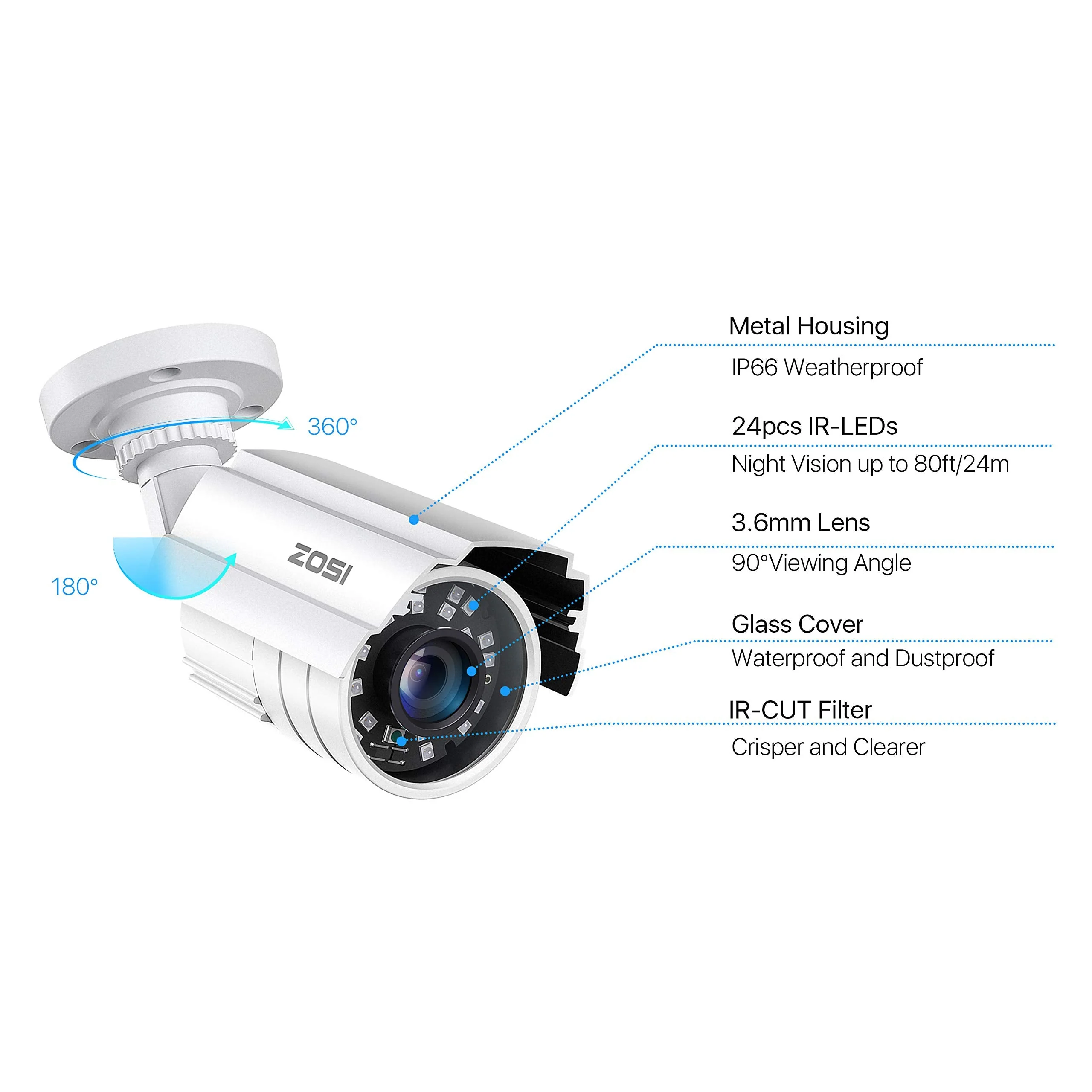 ZOSI 2MP HD 1920TVL Outdoor Indoor Security Camera 1080p (Hybrid 4-in-1 HD-CVI/TVI/AHD/960H Analog CVBS), 24PCS LEDs, 80ft IR Night Vision, Weatherproof Surveillance CCTV Bullet Camera 1 Camera - Image 2